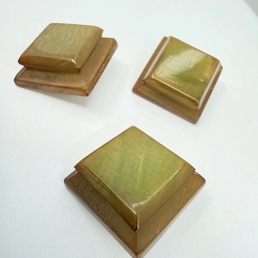 Vintage Bakelite Art Deco Tiered Square Metal Shank Buttons Marbled Butterscotch